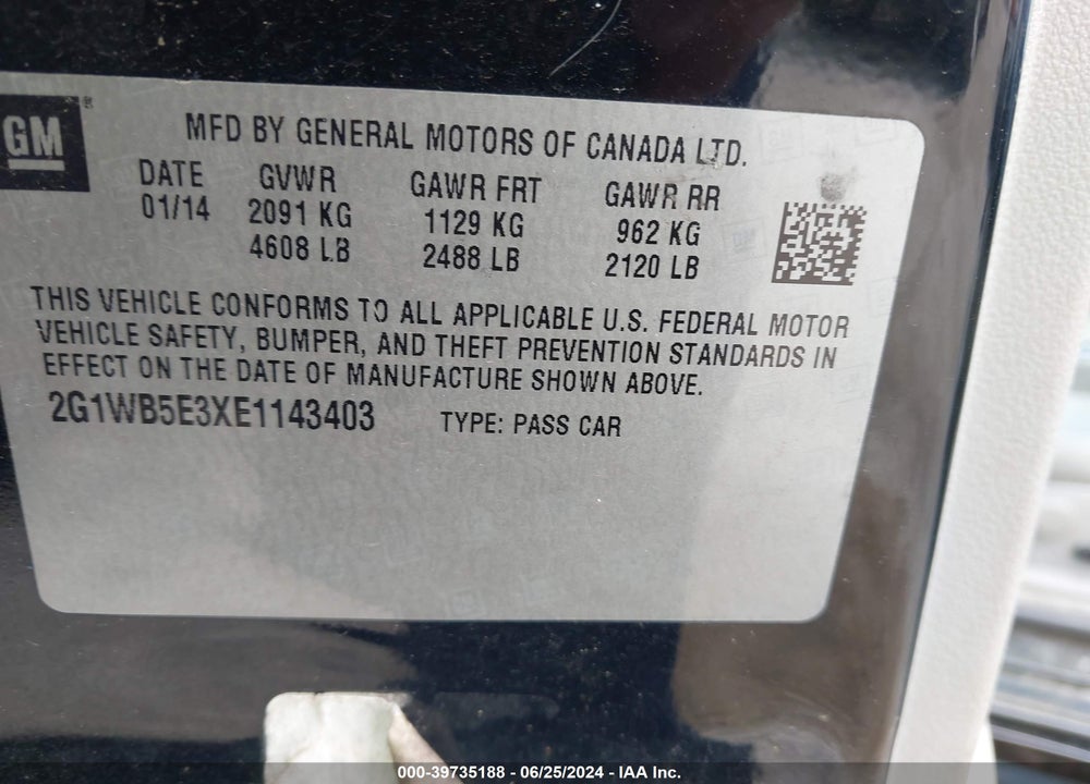 2014 CHEVROLET IMPALA LIMITED LT VIN: 2G1WB5E3XE1143403