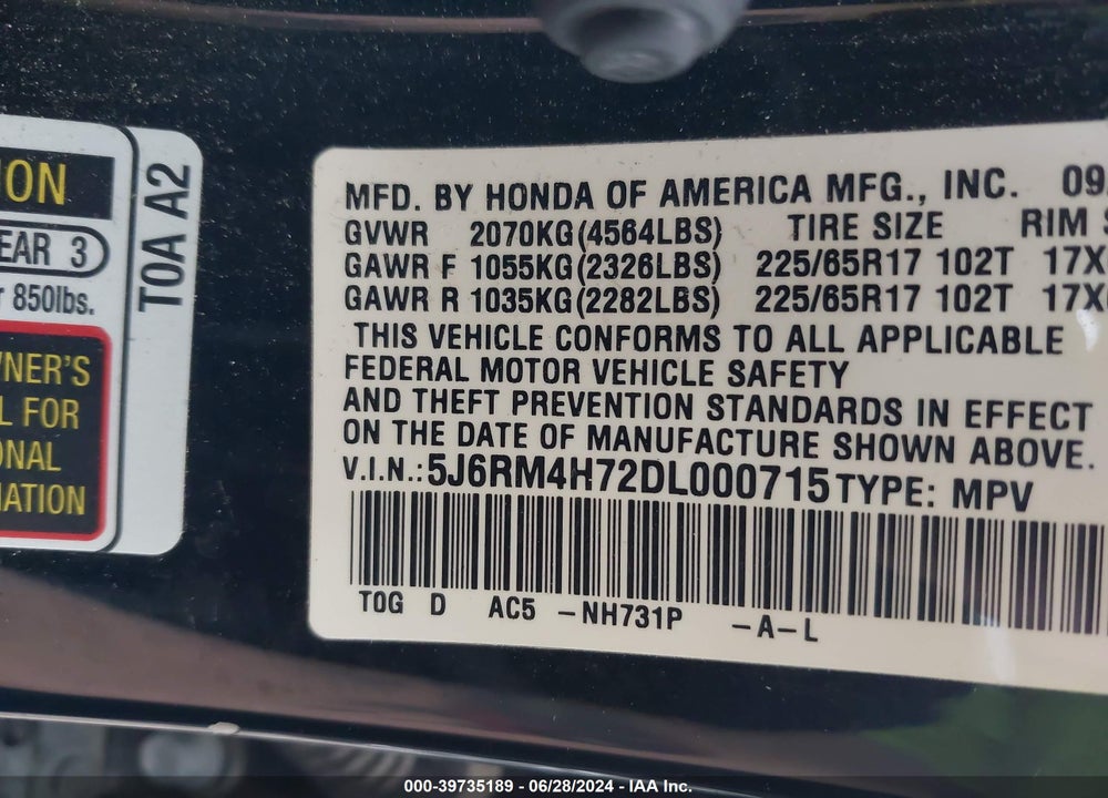 2013 HONDA CR-V EX-L VIN: 5J6RM4H72DL000715