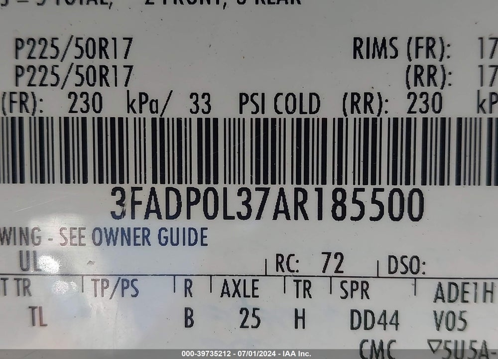 2010 FORD FUSION HYBRID VIN: 3FADP0L37AR185500
