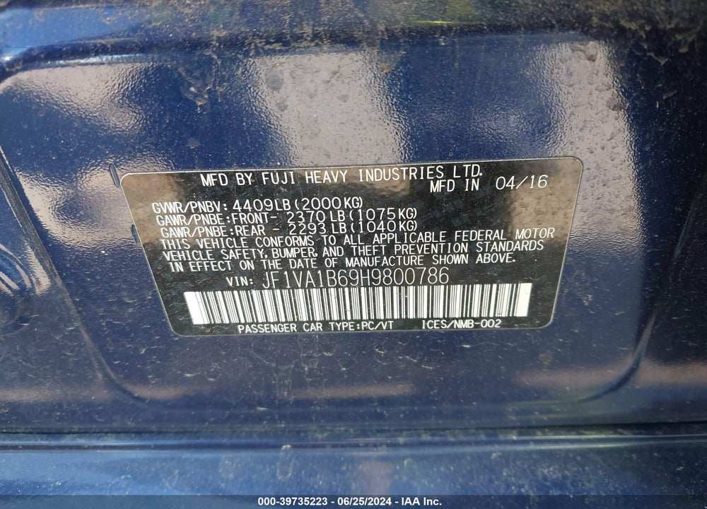 2017 SUBARU WRX VIN: JF1VA1B69H9800786