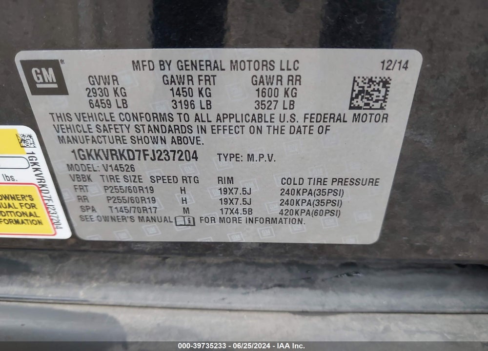 2015 GMC ACADIA SLT-1 VIN: 1GKKVRKD7FJ237204