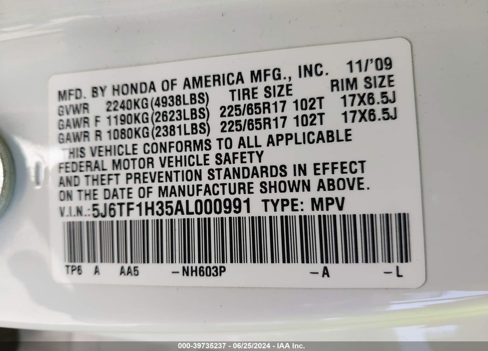 2010 HONDA ACCORD CROSSTOUR EX VIN: 5J6TF1H35AL000991