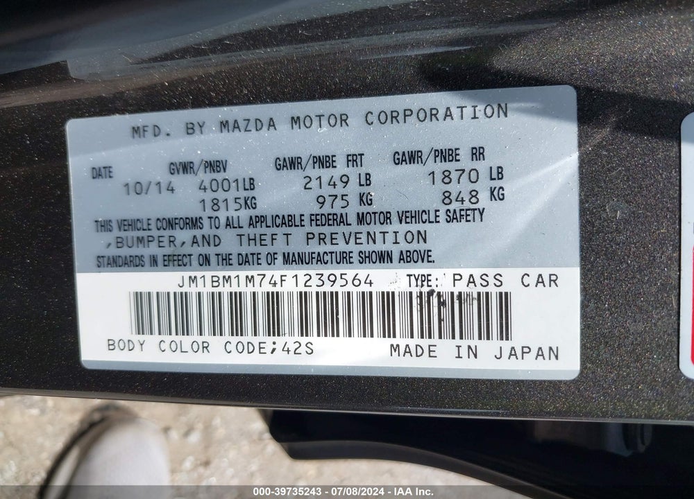 2015 MAZDA 3 I GRAND TOURING VIN: JM1BM1M74F1239564