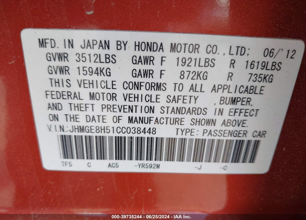 2012 HONDA FIT SPORT VIN: JHMGE8H51CC038448