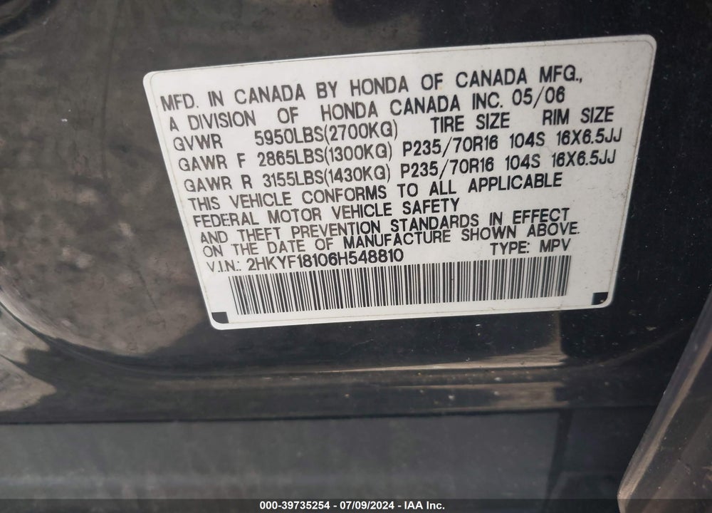 2006 HONDA PILOT LX VIN: 2HKYF18106H548810