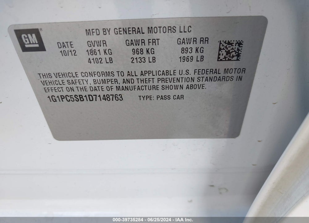 2013 CHEVROLET CRUZE 1LT AUTO VIN: 1G1PC5SB1D7148763