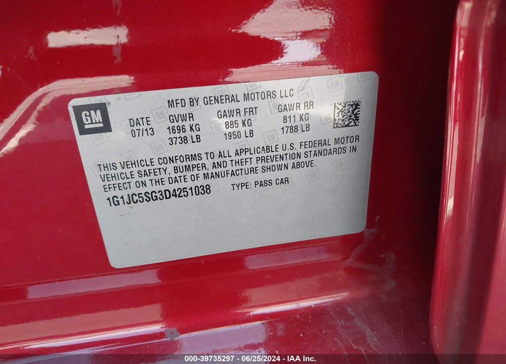 2013 CHEVROLET SONIC LT AUTO VIN: 1G1JC5SG3D4251038