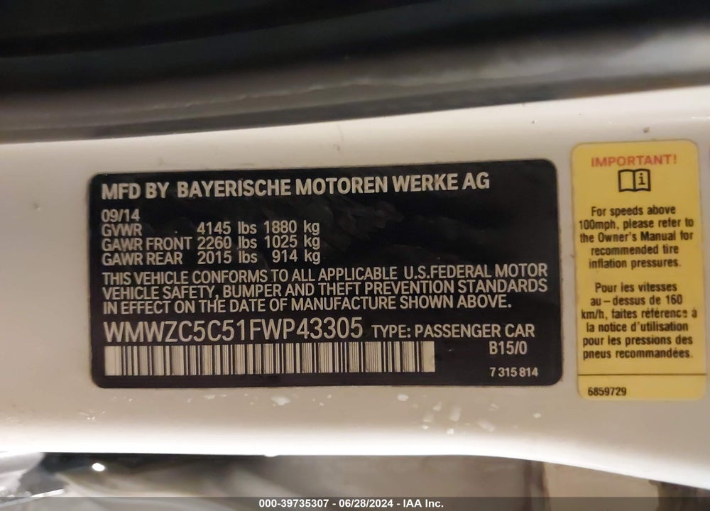 2015 MINI COUNTRYMAN COOPER S VIN: WMWZC5C51FWP43305