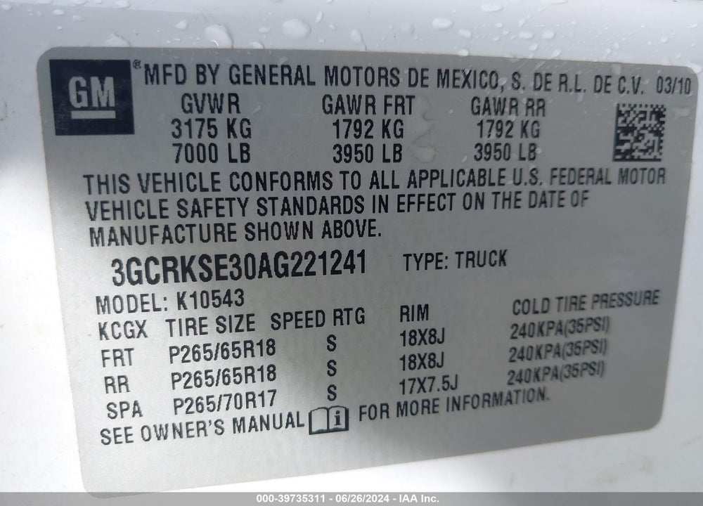 2010 CHEVROLET SILVERADO 1500 LT VIN: 3GCRKSE30AG221241