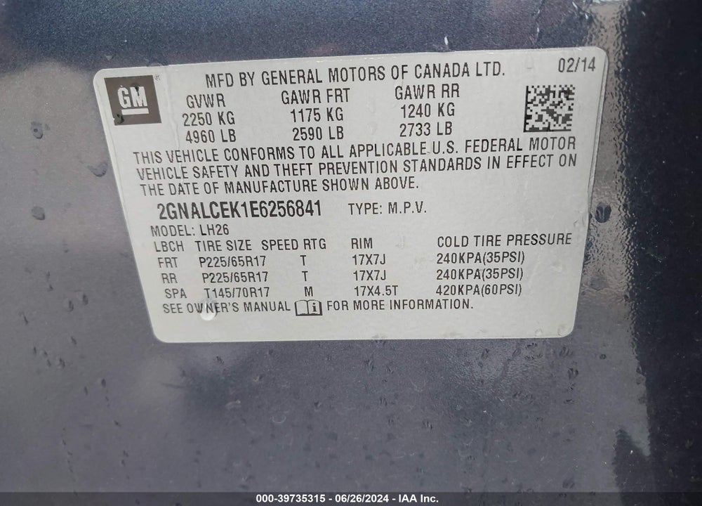 2014 CHEVROLET EQUINOX 2LT VIN: 2GNALCEK1E6256841