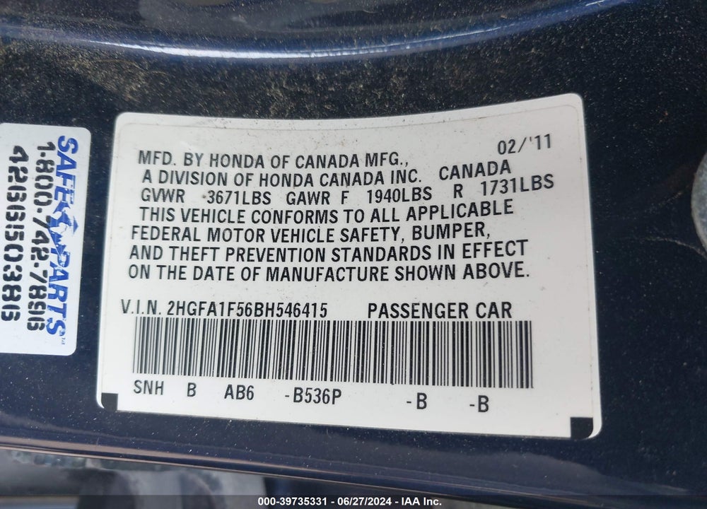 2011 HONDA CIVIC LX VIN: 2HGFA1F56BH546415