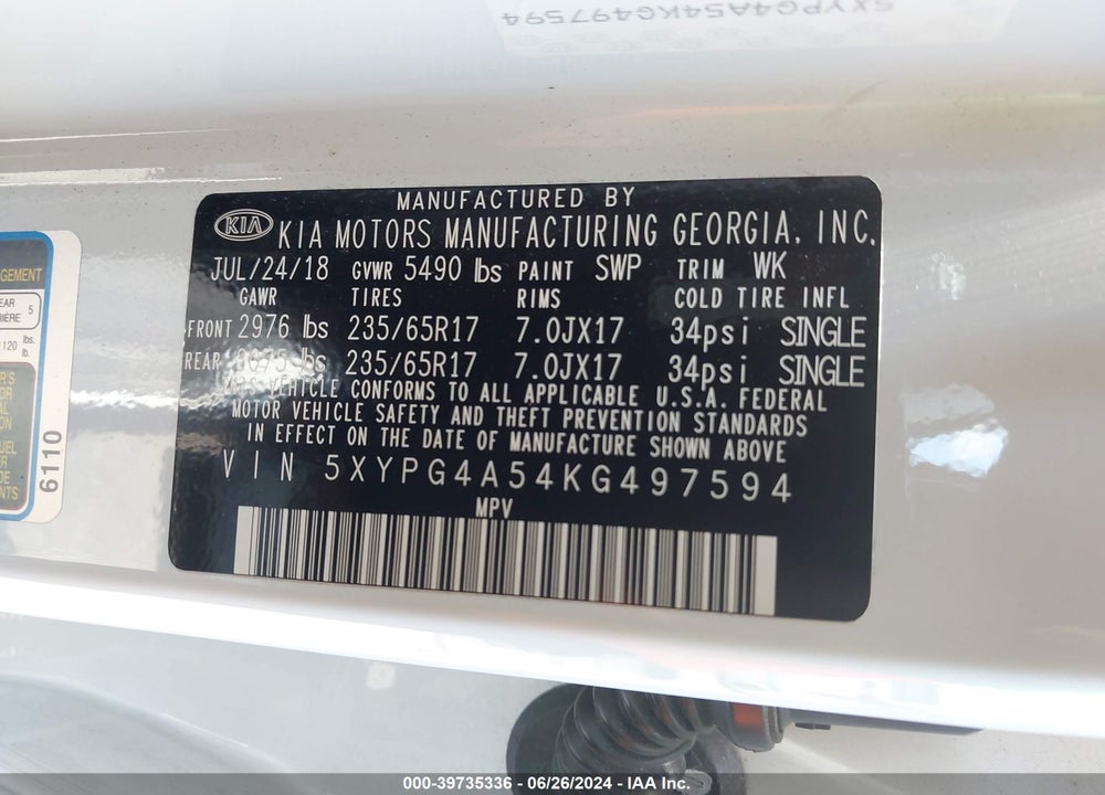 2019 KIA SORENTO 3.3L LX VIN: 5XYPG4A54KG497594
