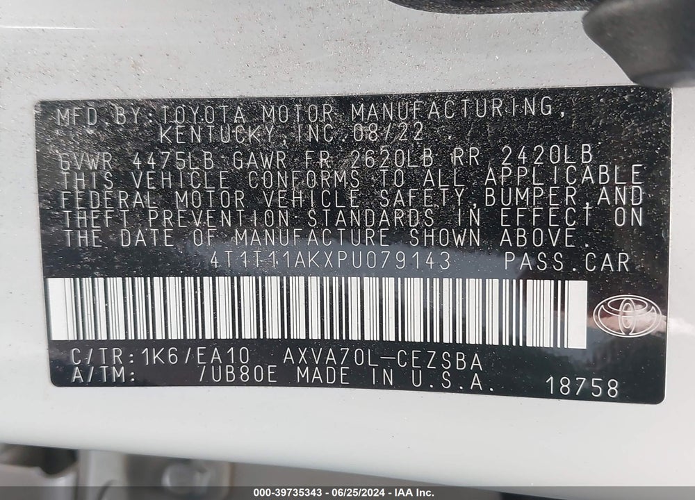 2023 TOYOTA CAMRY SE VIN: 4T1T11AKXPU079143