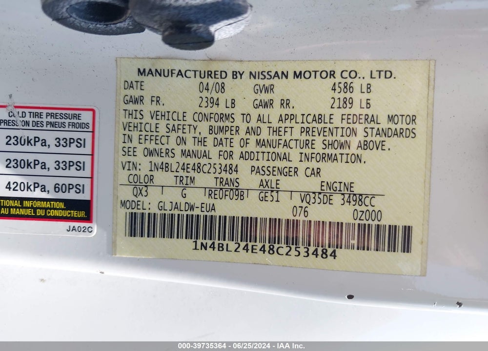 2008 NISSAN ALTIMA 3.5 SE VIN: 1N4BL24E48C253484