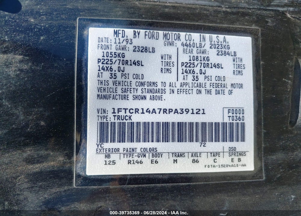 1994 FORD RANGER SUPER CAB VIN: 1FTCR14A7RPA39121