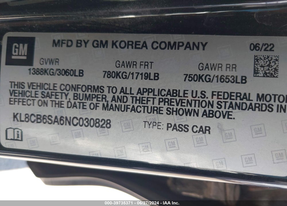 2022 CHEVROLET SPARK FWD LS AUTOMATIC VIN: KL8CB6SA6NC030828