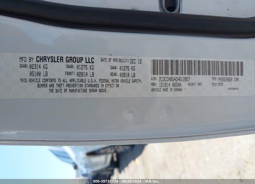 2013 DODGE CHARGER SE VIN: 2C3CDXBG4DH612857