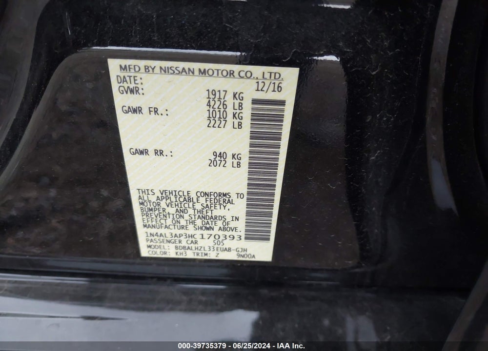 2017 NISSAN ALTIMA 2.5 SR VIN: 1N4AL3AP3HC170393