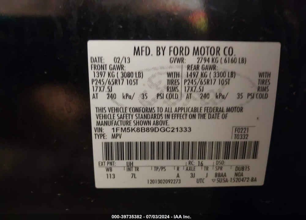 2013 FORD EXPLORER VIN: 1FM5K8B89DGC21333