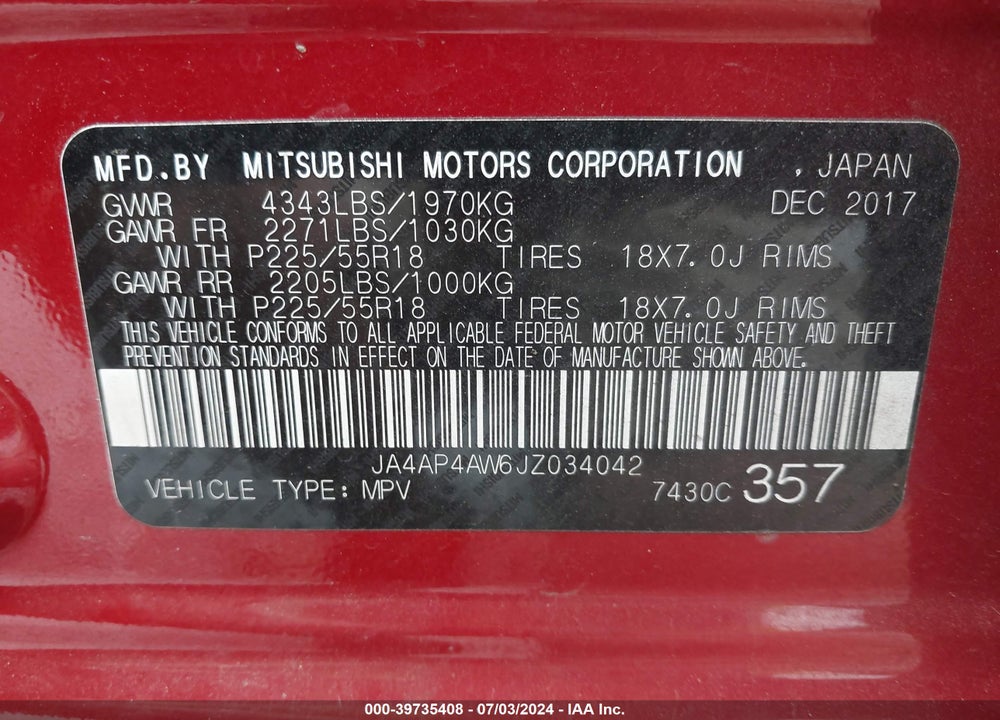2018 MITSUBISHI OUTLANDER SPORT 2.4 SEL VIN: JA4AP4AW6JZ034042