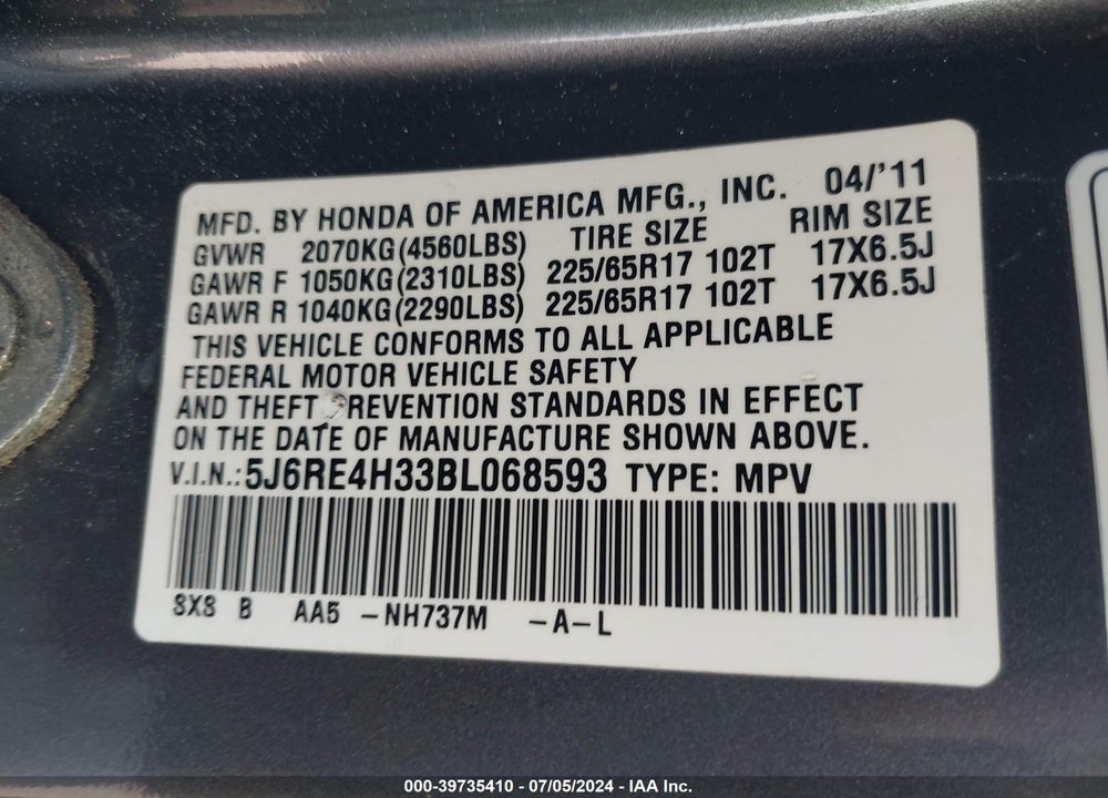 2011 HONDA CR-V LX VIN: 5J6RE4H33BL068593