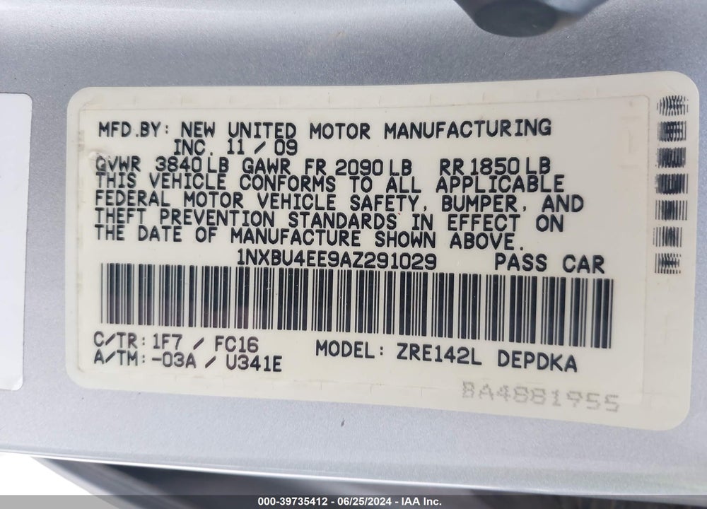 2010 TOYOTA COROLLA VIN: 1NXBU4EE9AZ291029