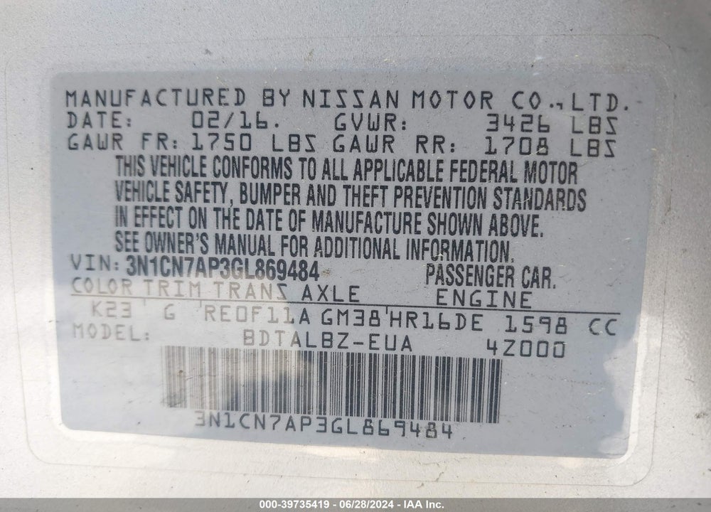 2016 NISSAN VERSA VIN: 3N1CN7AP3GL869484
