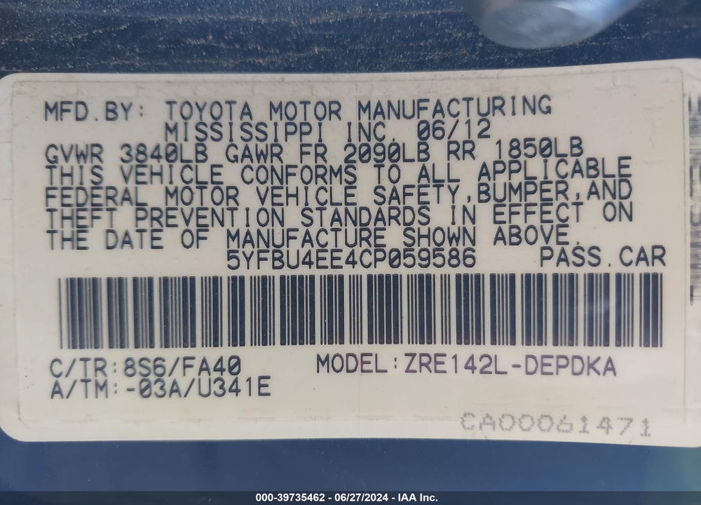 2012 TOYOTA COROLLA L VIN: 5YFBU4EE4CP059586