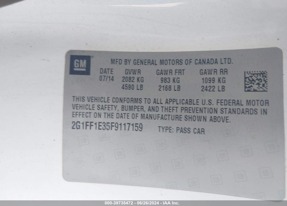 2015 CHEVROLET CAMARO 2LT VIN: 2G1FF1E35F9117159