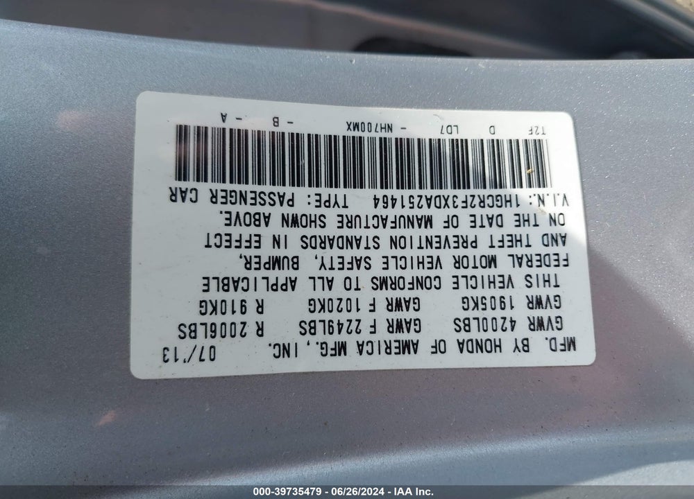 2013 HONDA ACCORD LX VIN: 1HGCR2F3XDA251464