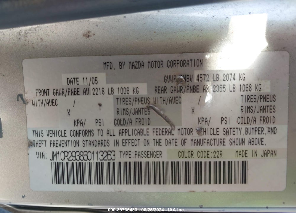 2006 MAZDA 5 TOURING VIN: JM1CR293860113263