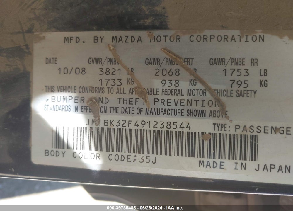 2009 MAZDA 3 I VIN: JM1BK32F491238544
