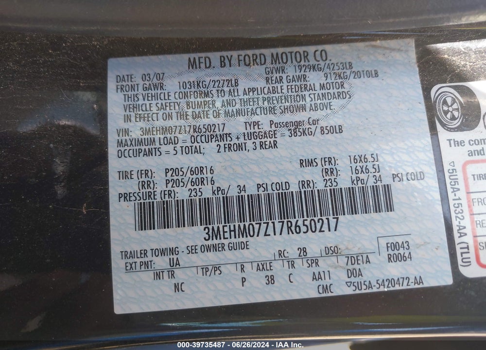2007 MERCURY MILAN VIN: 3MEHM07Z17R650217