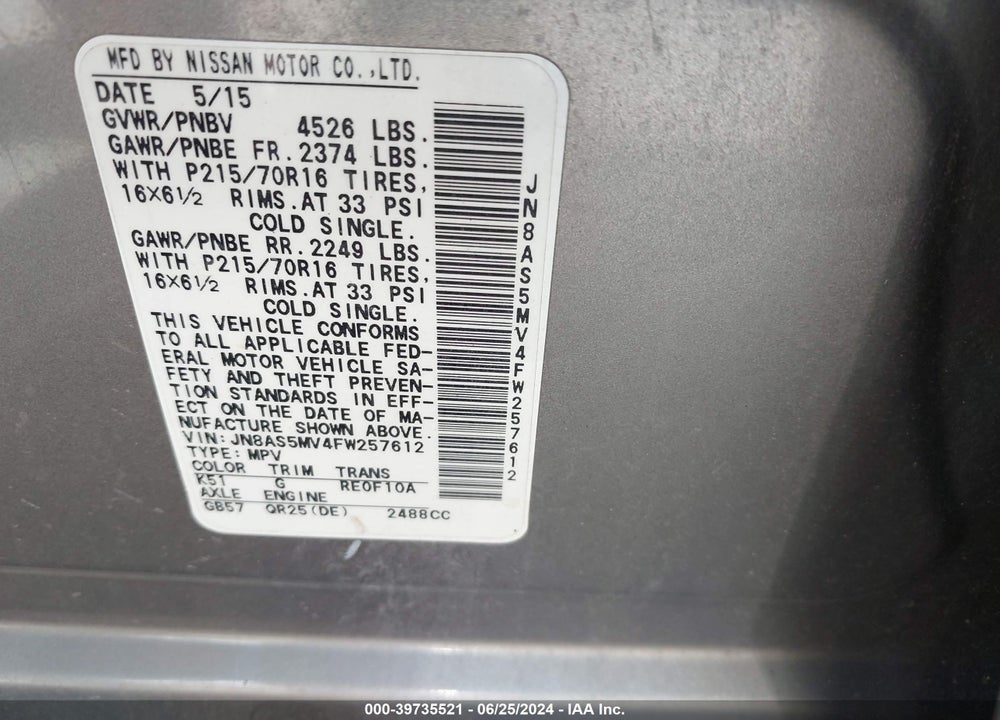 2015 NISSAN ROGUE SELECT S VIN: JN8AS5MV4FW257612