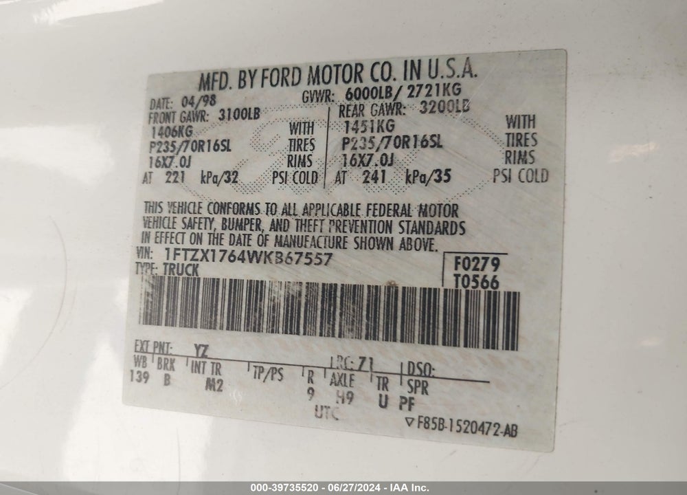 1998 FORD F-150 LARIAT/STANDARD/XL/XLT VIN: 1FTZX1764WKB67557