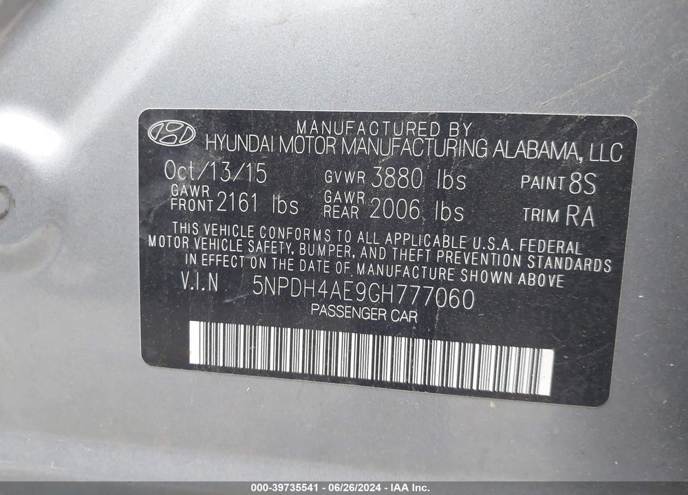 2016 HYUNDAI ELANTRA SE VIN: 5NPDH4AE9GH777060