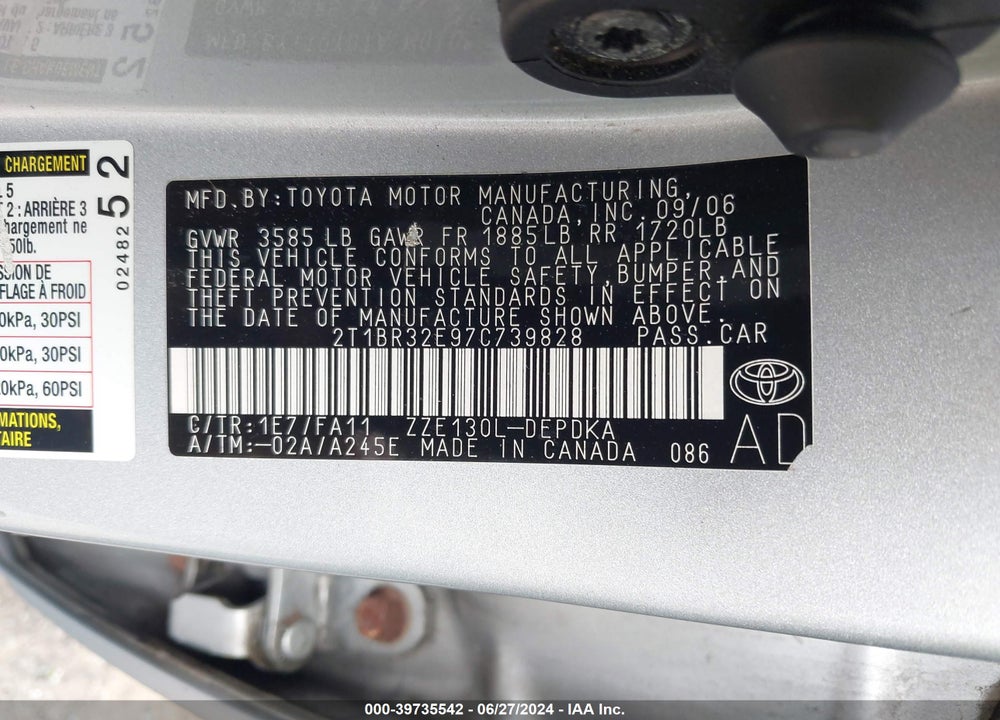 2007 TOYOTA COROLLA CE VIN: 2T1BR32E97C739828