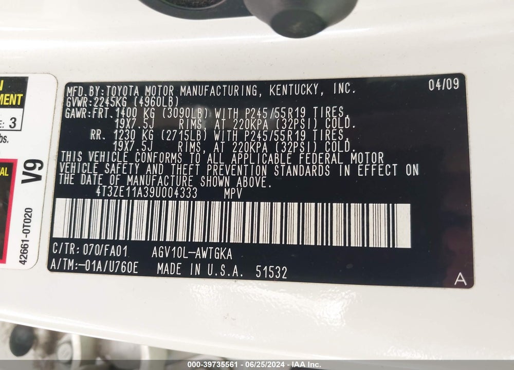 2009 TOYOTA VENZA VIN: 4T3ZE11A39U004333