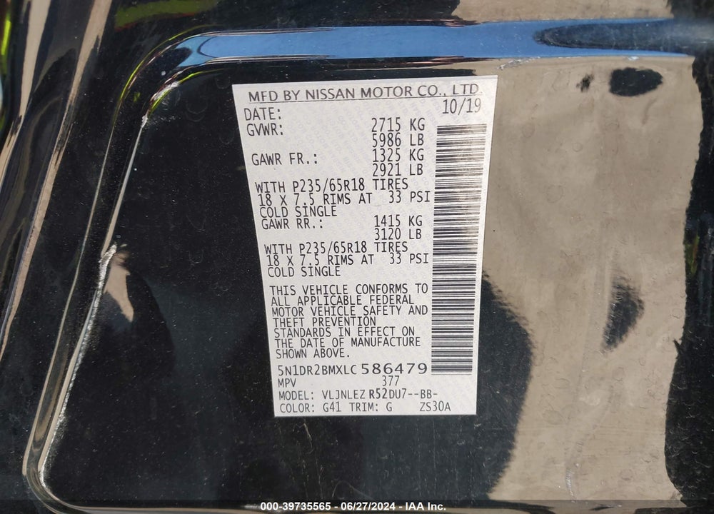2020 NISSAN PATHFINDER SV 4WD VIN: 5N1DR2BMXLC586479