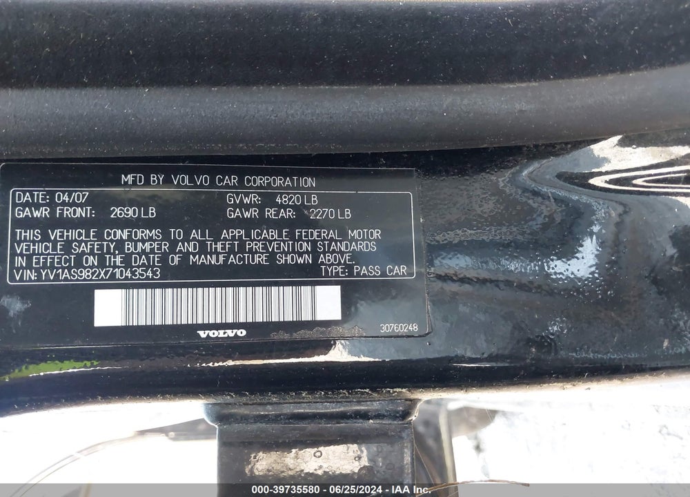 2007 VOLVO S80 VIN: YV1AS982X71043543