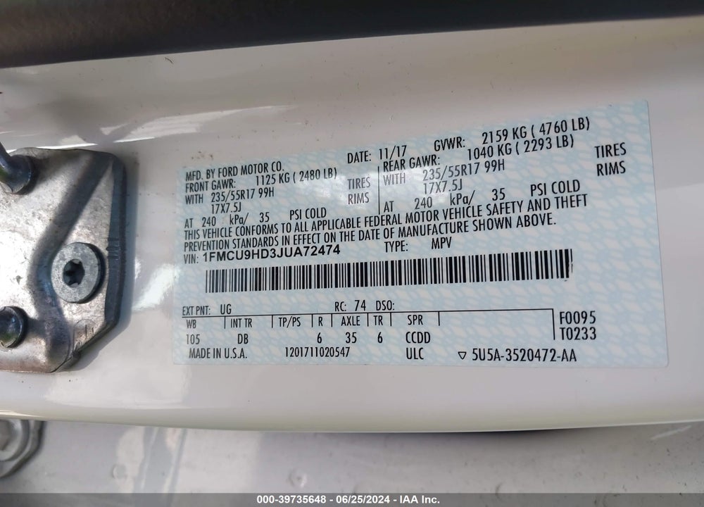 2018 FORD ESCAPE SEL VIN: 1FMCU9HD3JUA72474