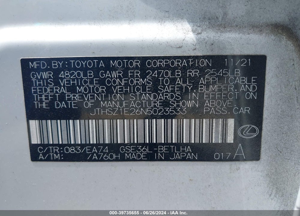 2022 LEXUS IS 350 F-SPORT VIN: JTHSZ1E26N5023533