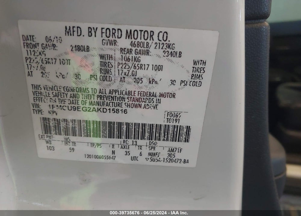 2010 FORD ESCAPE LIMITED VIN: 1FMCU9EG2AKD15816