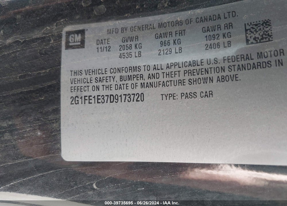 2013 CHEVROLET CAMARO 1LS VIN: 2G1FE1E37D9173720