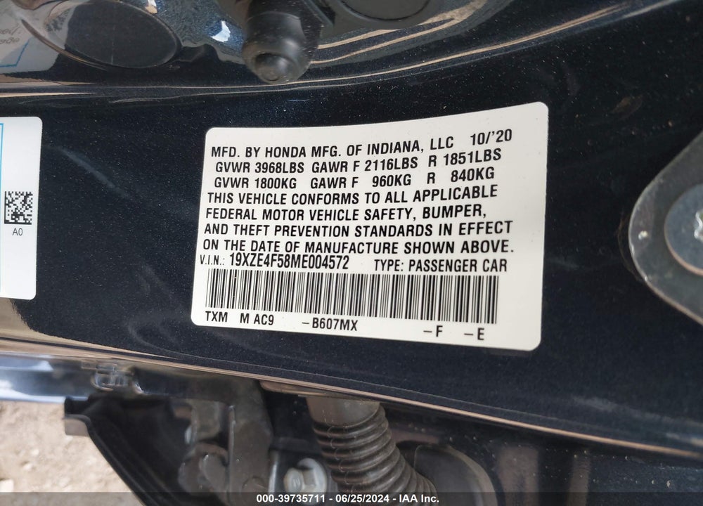 2021 HONDA INSIGHT EX VIN: 19XZE4F58ME004572