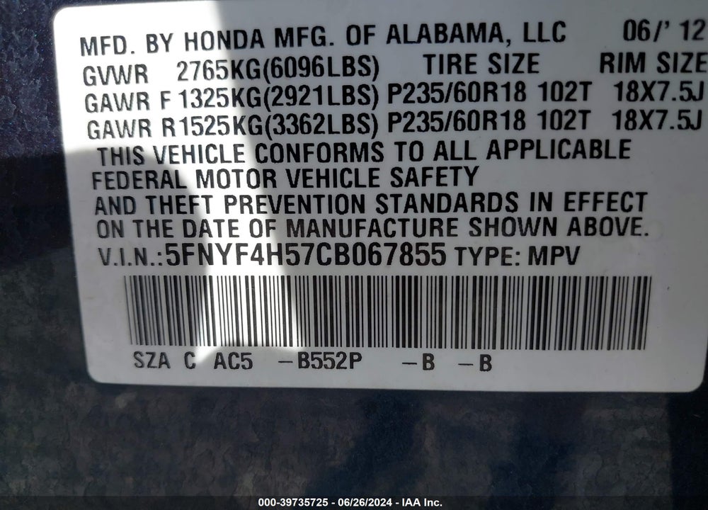 2012 HONDA PILOT EX-L VIN: 5FNYF4H57CB067855