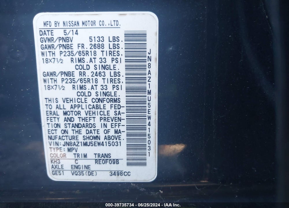 2014 NISSAN MURANO VIN: JN8AZ1MU5EW415031