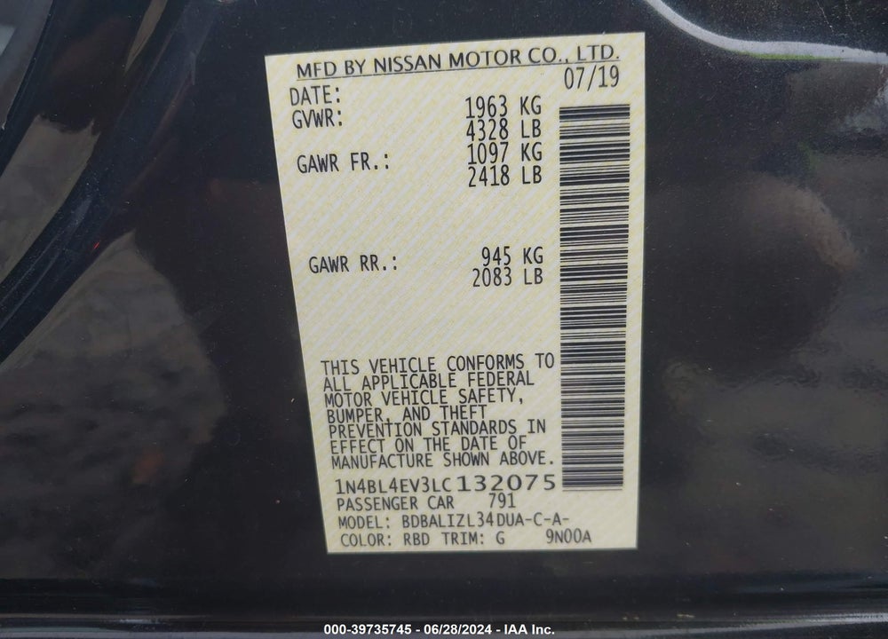 2020 NISSAN ALTIMA SL FWD VIN: 1N4BL4EV3LC132075