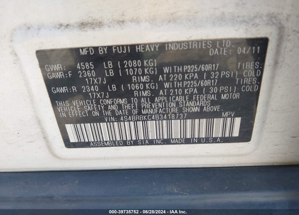 2011 SUBARU OUTBACK 2.5I LIMITED VIN: 4S4BRBKC4B3418737
