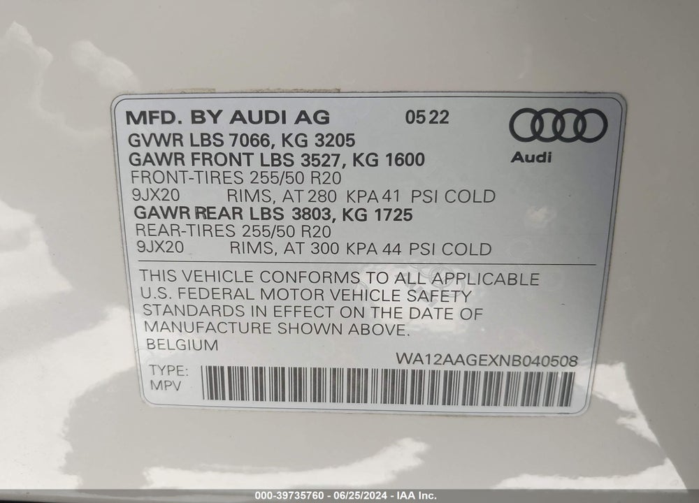 2022 AUDI E-TRON SPORTBACK PREMIUM PLUS S LINE QUATTRO VIN: WA12AAGEXNB040508